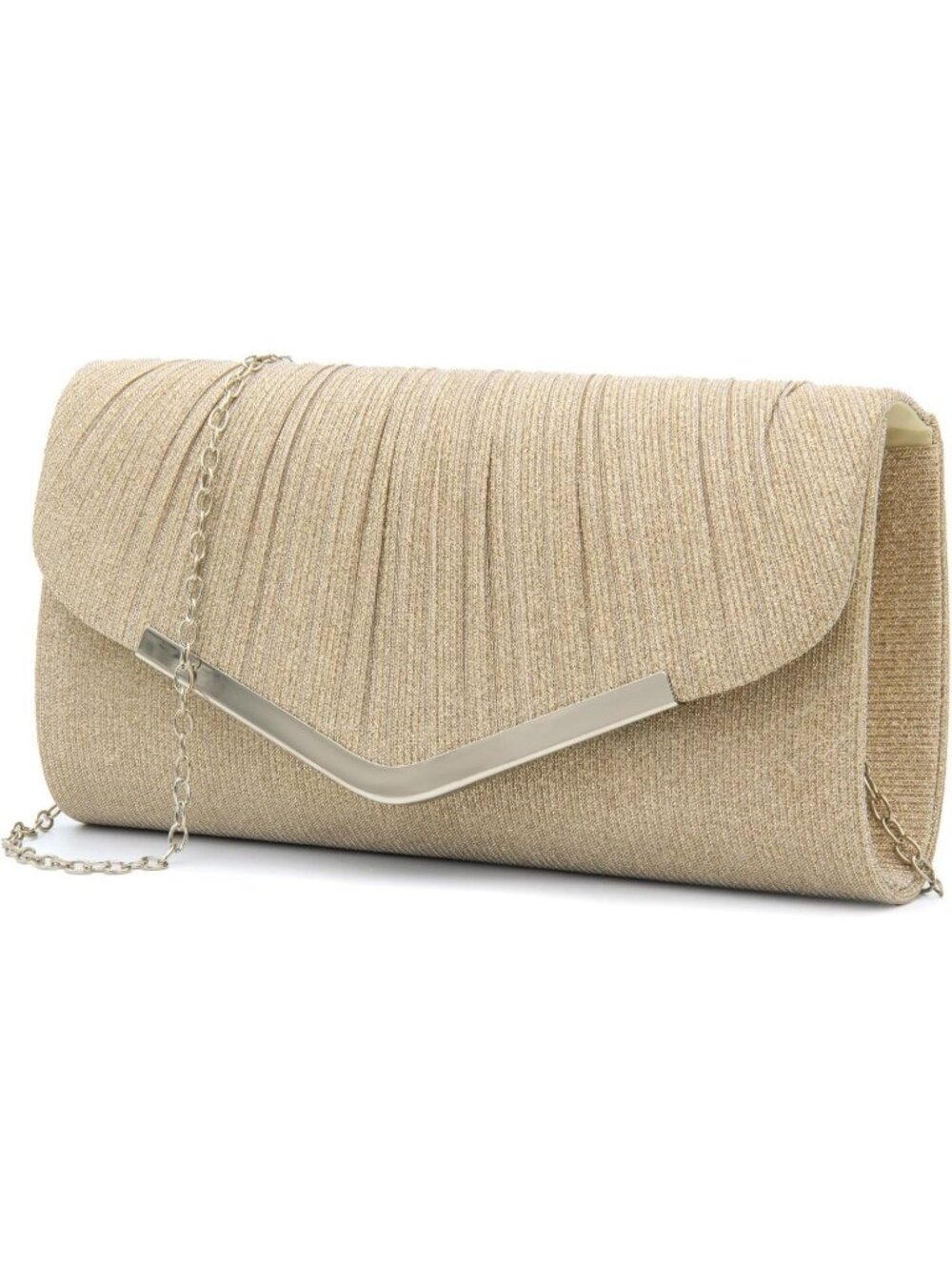 Women's Gold Sparkling Pleated Silver V Trim Envelope Chain Evening Bag Clutch
